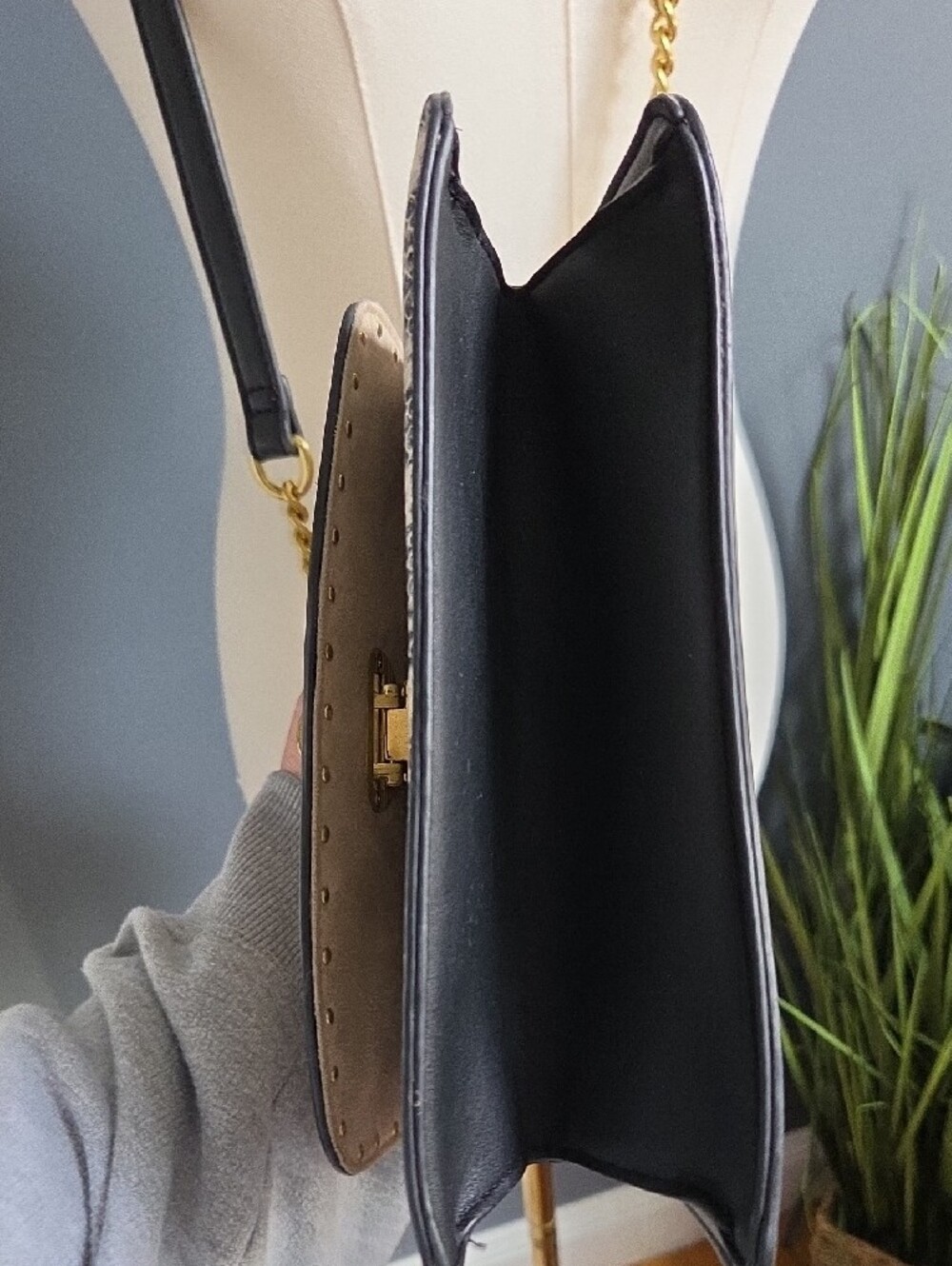 Beige and Black Top-Handle Satchel with Removable Gold Chain Strap - Picture 5 of 9